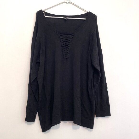 TORRID 4 Plus Size Lattice Knit Sweater Solid Black Lace Up Rayon Pullover sz 4X - Picture 2 of 16